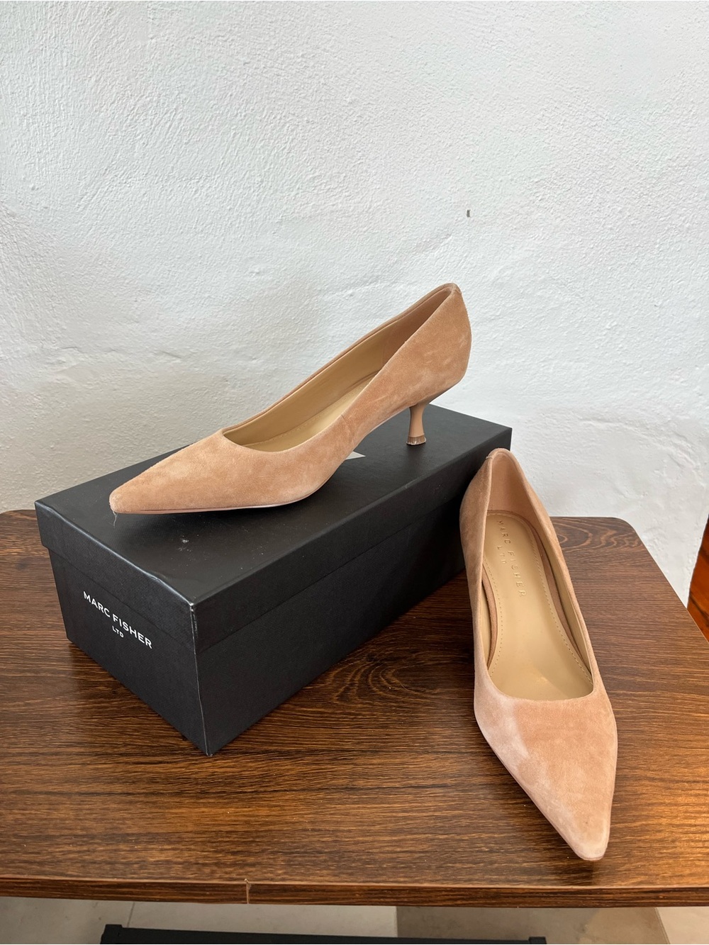Marc Fisher Nude Suede Pointed Toe Kitten Heels